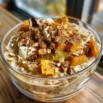 ['Close-up view of a bowl filled with pumpkin pie overnight oats topped with nuts and cherries.', 'Side profile of creamy pumpkin pie overnight oats with a sprinkle of spices and seeds.', 'A colorful dish of pumpkin pie overnight oats featuring almonds and dried cherries.', 'Rich and textured pumpkin pie overnight oats in a bowl with a garnish of nuts.']