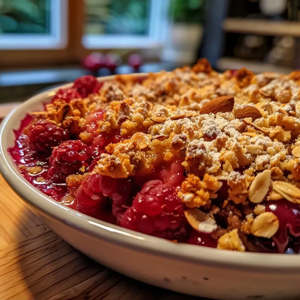 ['Close-up of a juicy sugar-free plum crumble with a golden crust and fresh plums.', 'Side view of a delicious sugar-free plum crumble featuring a crumbly topping.', 'Tasty zuckerfreier Pflaumen Crumble on a plate, highlighting the layers of plums and nuts.', 'Appetizing image of sugar-free plum crumble showcasing the baked oat and nut topping.']