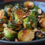 ['Close-up view of maple-roasted Brussels sprouts, showcasing a glossy finish with hazelnut pieces.', 'Juicy Brussels sprouts halved and caramelized with a golden hue, garnished with toasted hazelnuts.', 'Side view of Brussels sprouts drizzled with maple syrup, highlighting the texture and ingredients used.', 'A vibrant plate of Brussels sprouts glistening from maple glaze, accented with elements like lemon zest and nuts.']