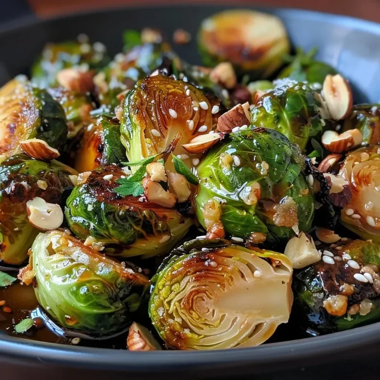 ['Close-up view of maple-roasted Brussels sprouts, showcasing a glossy finish with hazelnut pieces.', 'Juicy Brussels sprouts halved and caramelized with a golden hue, garnished with toasted hazelnuts.', 'Side view of Brussels sprouts drizzled with maple syrup, highlighting the texture and ingredients used.', 'A vibrant plate of Brussels sprouts glistening from maple glaze, accented with elements like lemon zest and nuts.']