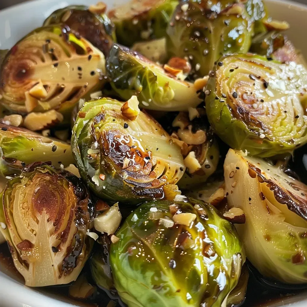 ['Close-up view of maple-roasted Brussels sprouts, showcasing a glossy finish with hazelnut pieces.', 'Juicy Brussels sprouts halved and caramelized with a golden hue, garnished with toasted hazelnuts.', 'Side view of Brussels sprouts drizzled with maple syrup, highlighting the texture and ingredients used.', 'A vibrant plate of Brussels sprouts glistening from maple glaze, accented with elements like lemon zest and nuts.']
