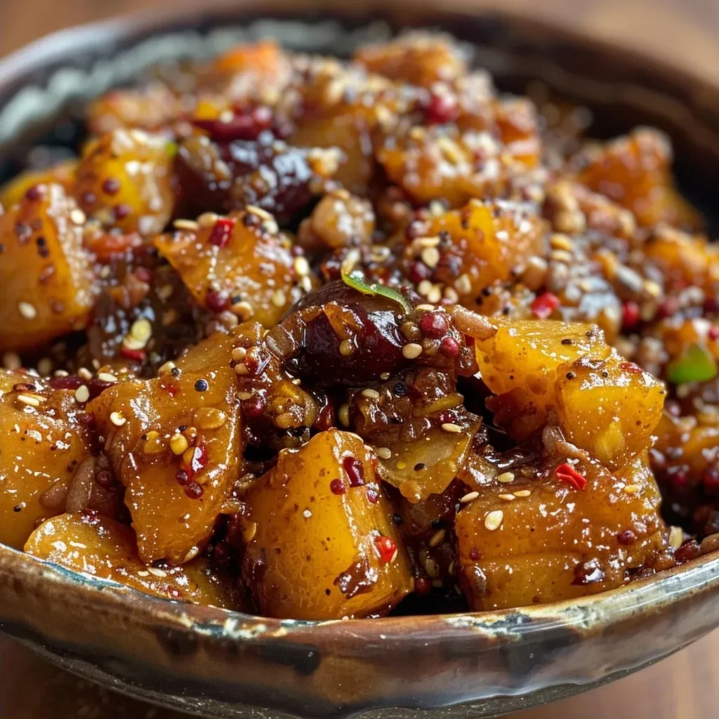 ['Close-up view of Aloo Bukhara chutney in a glass bowl, showcasing its vibrant color and texture.', 'Side view of a bowl filled with Aloo Bukhara chutney, highlighting juicy plums and spices.', 'Detailed image of homemade Aloo Bukhara chutney, with visible chunks of ripe plums and spices.', 'Close-up side shot of Aloo Bukhara chutney, featuring a mix of plums and shallots.']