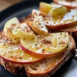 ['Close-up view of a slice of sourdough toast topped with slices of red apple and melted brie cheese, drizzled with honey.', 'Side view of a delicious apple and brie toast on a wooden board, showcasing the vibrant colors and textures of the ingredients.', 'Sourdough toast featuring red apple slices, brie cheese, and a sprinkle of cinnamon, presented with a cozy background.', 'Artistic shot of brie and apple toast on sourdough bread, highlighting the gooey cheese and fresh apple slices.']