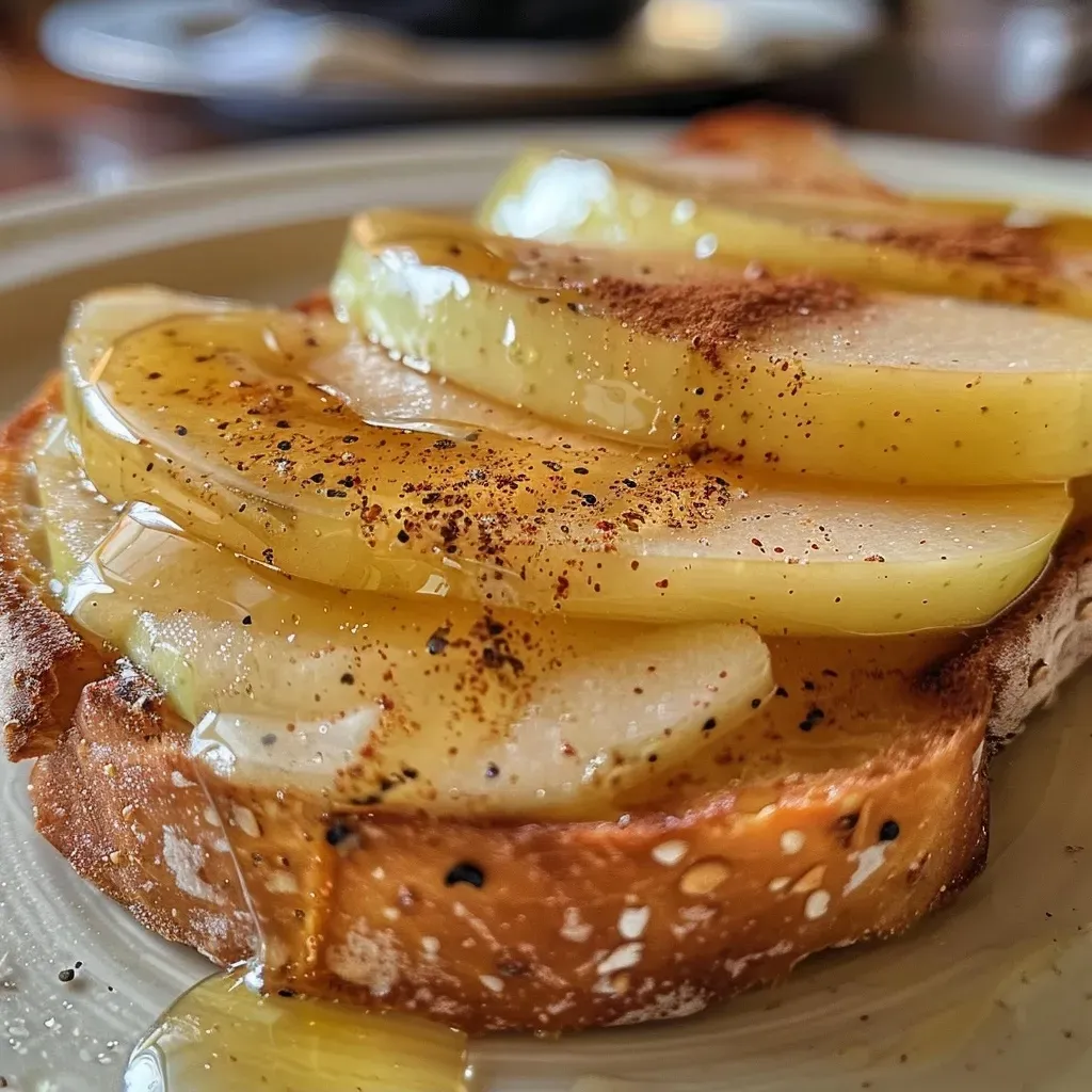 Close-up view of a slice of sourdough toast topped with slices of red apple and melted brie cheese, drizzled with honey.