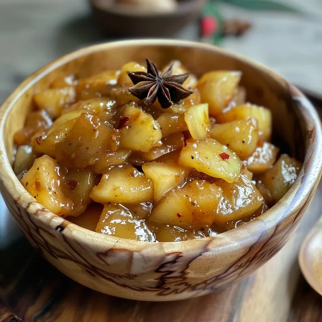 Close-up shot of a bowl of apple chutney with various spices nearby.