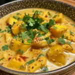 ['Close-up of a bowl of Apfel-Curry-Suppe with garnishes.', 'Side view of creamy apple curry soup in a rustic bowl.', 'Warm Apfel-Curry-Suppe with a sprinkle of fresh coriander.', 'Delicious apple curry soup surrounded by its ingredients.']
