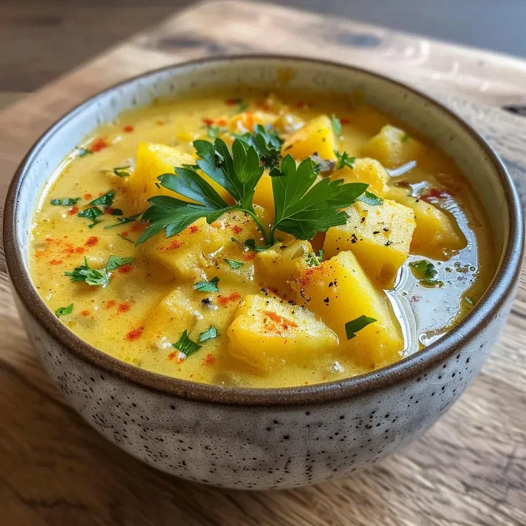 ['Close-up of a bowl of Apfel-Curry-Suppe with garnishes.', 'Side view of creamy apple curry soup in a rustic bowl.', 'Warm Apfel-Curry-Suppe with a sprinkle of fresh coriander.', 'Delicious apple curry soup surrounded by its ingredients.']