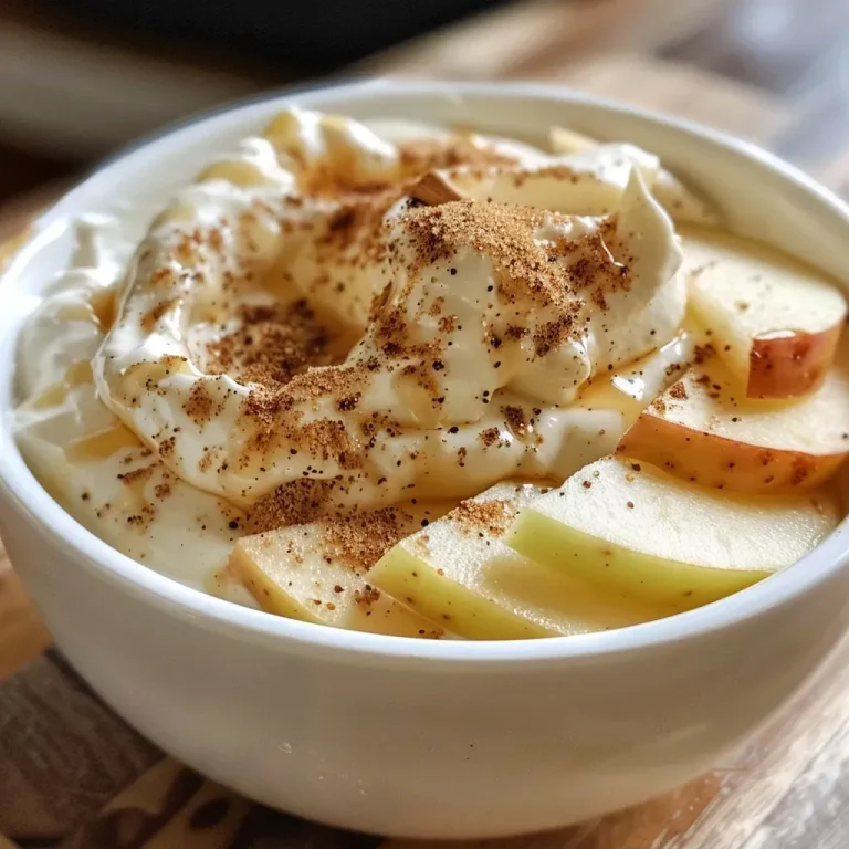 ['Close-up view of a creamy apple dip with apple slices.', 'Side view of a bowl of apple dip next to fresh apple slices.', 'Creamy dip in a bowl, garnished with apple slices for serving.', 'Apple dip made with cream cheese and brown sugar, served with apple slices.']