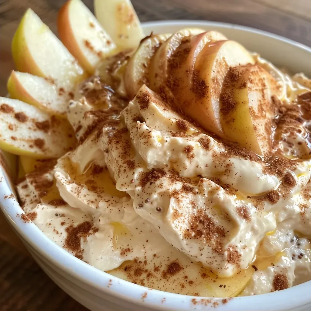 ['Close-up view of a creamy apple dip with apple slices.', 'Side view of a bowl of apple dip next to fresh apple slices.', 'Creamy dip in a bowl, garnished with apple slices for serving.', 'Apple dip made with cream cheese and brown sugar, served with apple slices.']