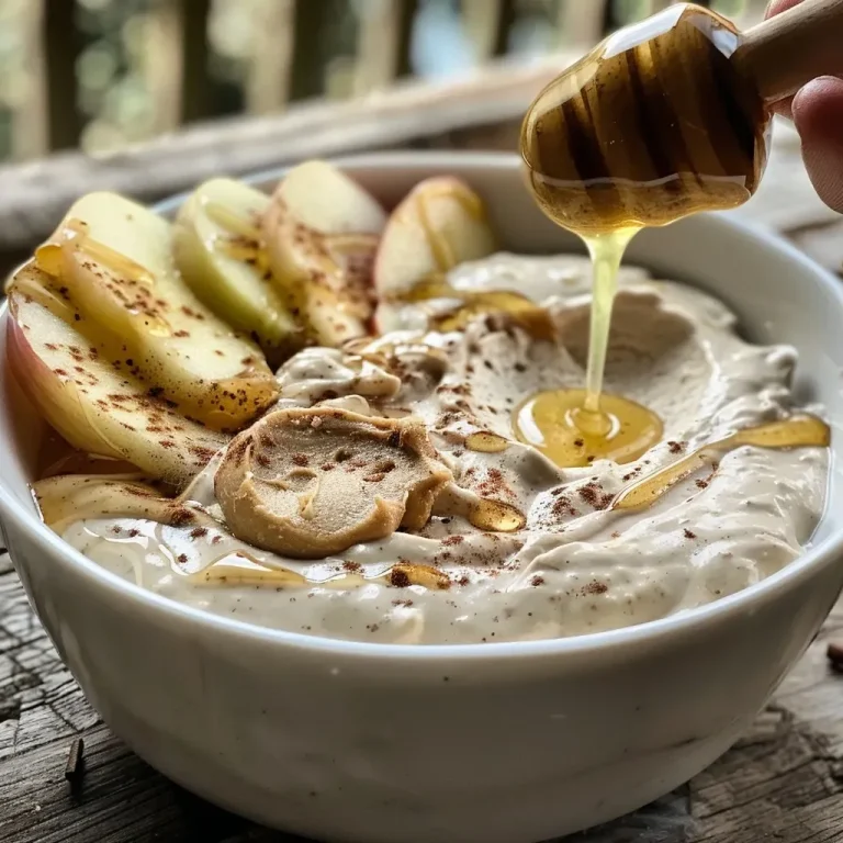 ['Side view of a creamy Apfel Dip served in a bowl, with apple slices nearby.', 'Close-up of Apfel Dip, showing its smooth texture and garnished with spices.', 'A bowl filled with Apfel Dip, featuring apple pieces and a sprinkle of curry.', 'Juicy Apfel Dip in a bowl, captured in detail with vibrant apple slices.']