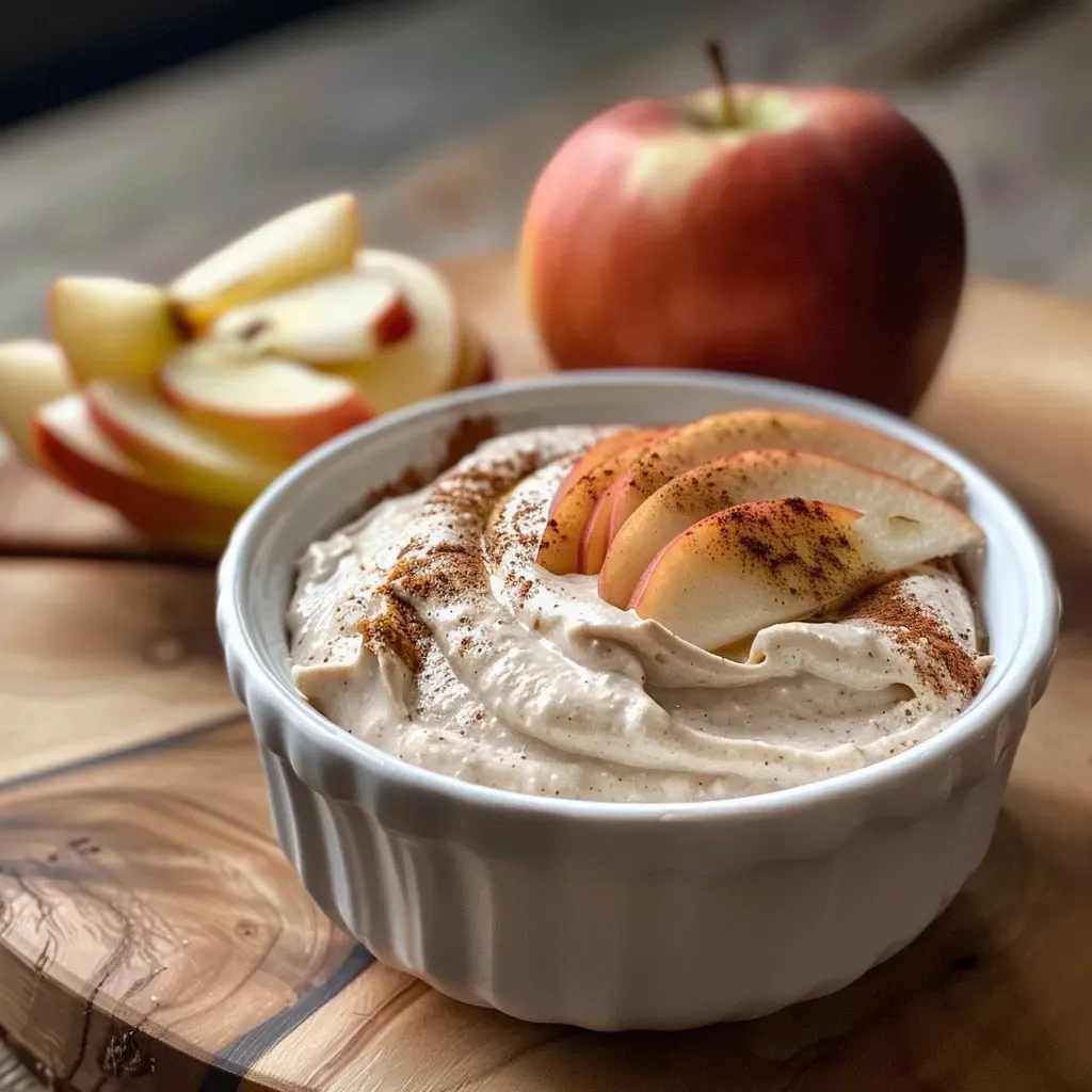 ['Side view of a creamy Apfel Dip served in a bowl, with apple slices nearby.', 'Close-up of Apfel Dip, showing its smooth texture and garnished with spices.', 'A bowl filled with Apfel Dip, featuring apple pieces and a sprinkle of curry.', 'Juicy Apfel Dip in a bowl, captured in detail with vibrant apple slices.']