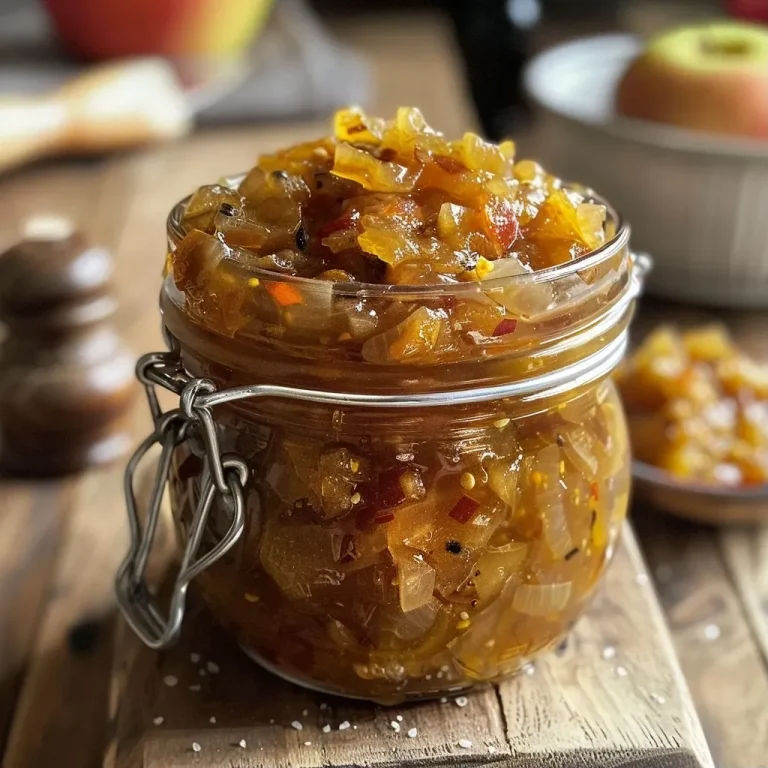 ['Close-up view of a jar filled with homemade Apfel-Kürbis-Chutney.', 'Side view of a vibrant Apfel Kürbis Chutney in a glass jar on a wooden table.', 'Freshly prepared Apfel-Kürbis-Chutney displayed in a clear jar with visible ingredients.', 'Luscious Apfel Kürbis Chutney in a jar, highlighting the colorful mixture.']
