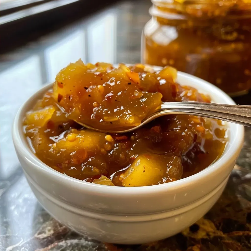 ['Close-up view of a jar filled with homemade Apfel-Kürbis-Chutney.', 'Side view of a vibrant Apfel Kürbis Chutney in a glass jar on a wooden table.', 'Freshly prepared Apfel-Kürbis-Chutney displayed in a clear jar with visible ingredients.', 'Luscious Apfel Kürbis Chutney in a jar, highlighting the colorful mixture.']