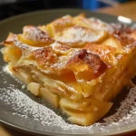 ['A close-up view of baked Apfel-Lasagne showing layers of apple and creamy filling.', 'Side angle of Apfel-Lasagne with a golden crispy topping and apple slices visible.', 'Juicy Apfel-Lasagne with a crunchy top, revealing layers of apples and creamy mixture.', 'Detailed view of Apfel-Lasagne showcasing its layered texture and crispy crust.']