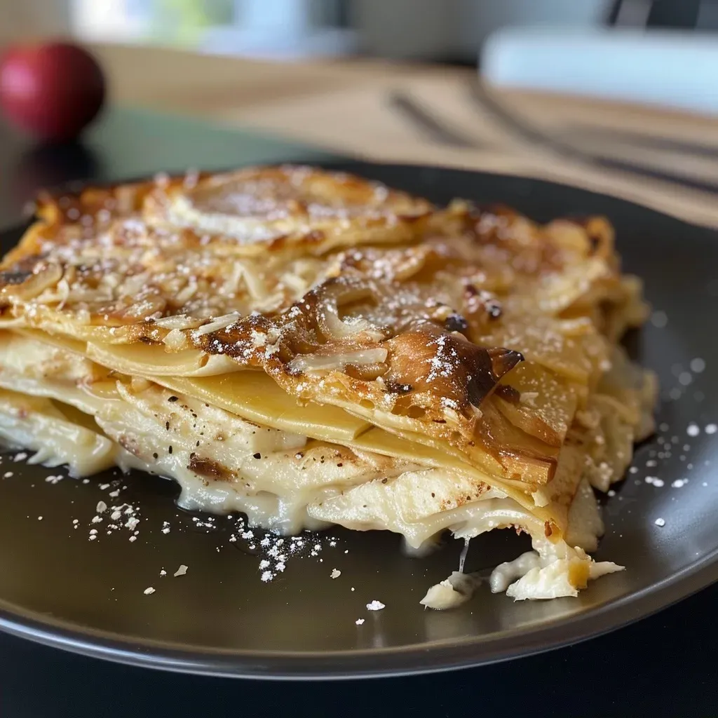 ['A close-up view of baked Apfel-Lasagne showing layers of apple and creamy filling.', 'Side angle of Apfel-Lasagne with a golden crispy topping and apple slices visible.', 'Juicy Apfel-Lasagne with a crunchy top, revealing layers of apples and creamy mixture.', 'Detailed view of Apfel-Lasagne showcasing its layered texture and crispy crust.']