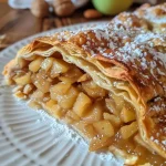 ['A close-up side view of a freshly baked Apfel-Quitten-Strudel on a wooden surface.', 'Juicy Apfel-Quitten-Strudel with golden crust and apple filling, presented in a rustic kitchen.', 'A delicious slice of Apfel-Quitten-Strudel showcasing its flaky layers and rich filling.', 'Close-up of warm Apfel-Quitten-Strudel, revealing apples and quinces inside a pastry shell.']