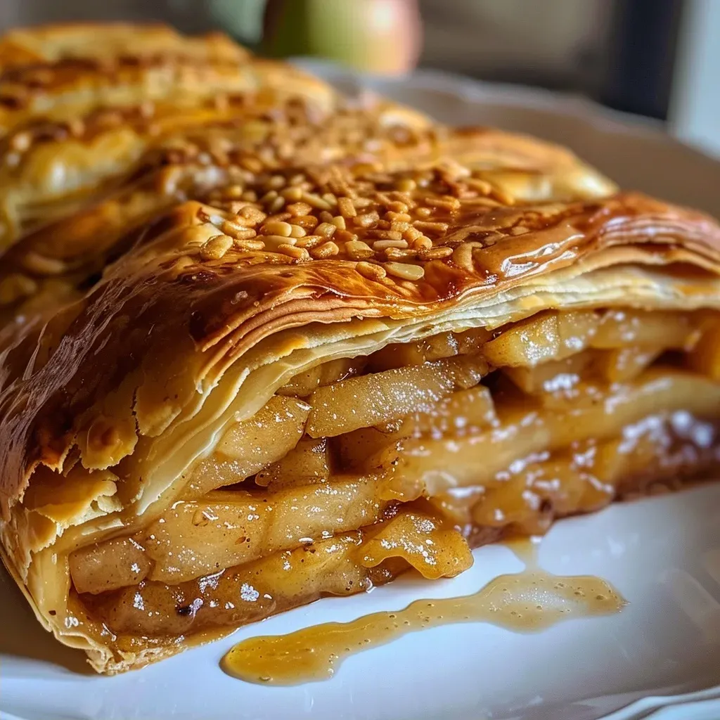 ['A close-up side view of a freshly baked Apfel-Quitten-Strudel on a wooden surface.', 'Juicy Apfel-Quitten-Strudel with golden crust and apple filling, presented in a rustic kitchen.', 'A delicious slice of Apfel-Quitten-Strudel showcasing its flaky layers and rich filling.', 'Close-up of warm Apfel-Quitten-Strudel, revealing apples and quinces inside a pastry shell.']