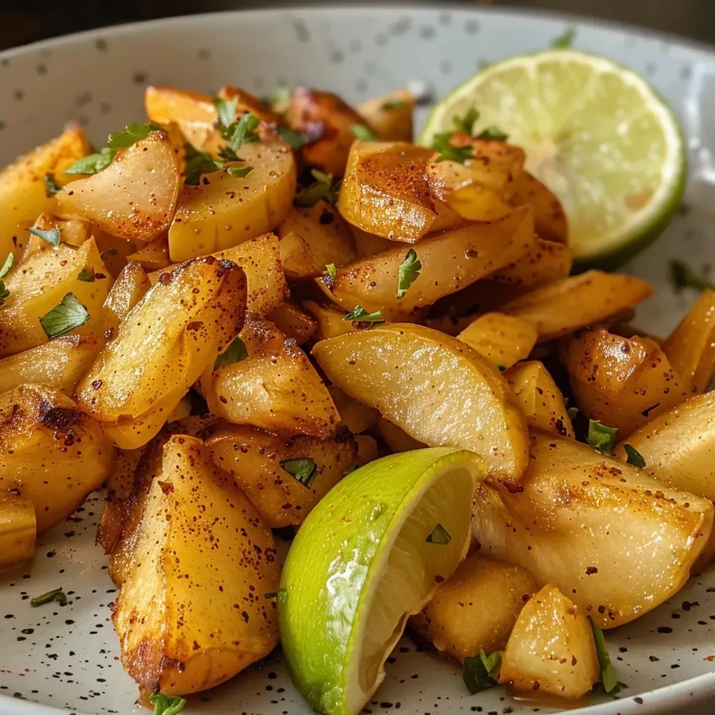 ['Close-up view of apple matchsticks arranged on a plate with a vibrant color contrast.', 'Side view of juicy apple strips garnished with spices, showing texture and freshness.', 'Detailed shot of sliced apples resembling matchsticks, displayed against a neutral background.', 'Focused image of freshly cut apple fries with a sprinkle of spices, highlighting their juicy appearance.']