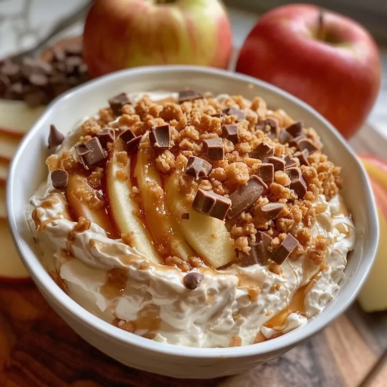 ['Creamy apple toffee dip with chocolate chips and toffee bits, surrounded by sliced apples.', 'Close-up of apple toffee dip with a rich texture, garnished with toffee and chocolate, served with apple slices.', 'Tangy apple toffee dip in a bowl, showcasing chunks of toffee and chocolate, with sliced apples nearby for dipping.', 'Side view of a luscious apple toffee dip, featuring toppings of toffee and chocolate, accompanied by fresh apple slices.']