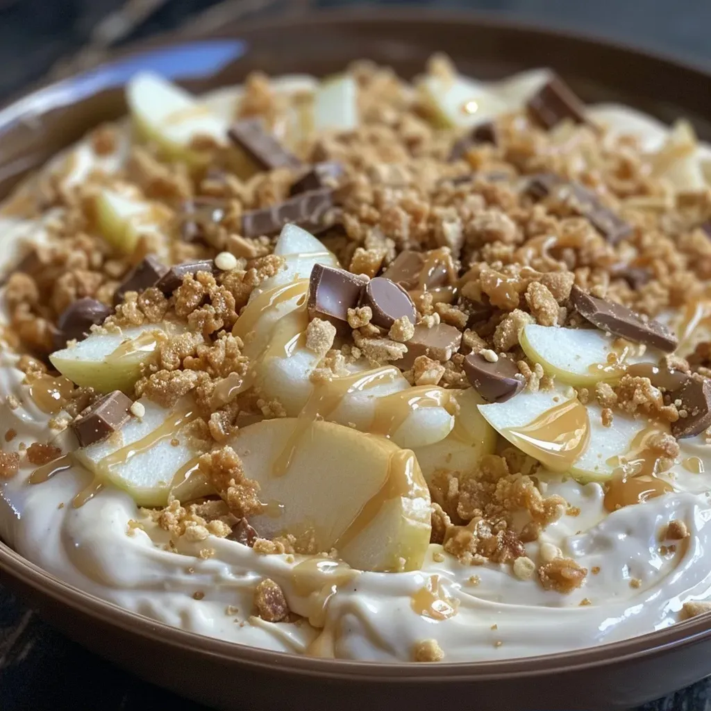 ['Creamy apple toffee dip with chocolate chips and toffee bits, surrounded by sliced apples.', 'Close-up of apple toffee dip with a rich texture, garnished with toffee and chocolate, served with apple slices.', 'Tangy apple toffee dip in a bowl, showcasing chunks of toffee and chocolate, with sliced apples nearby for dipping.', 'Side view of a luscious apple toffee dip, featuring toppings of toffee and chocolate, accompanied by fresh apple slices.']