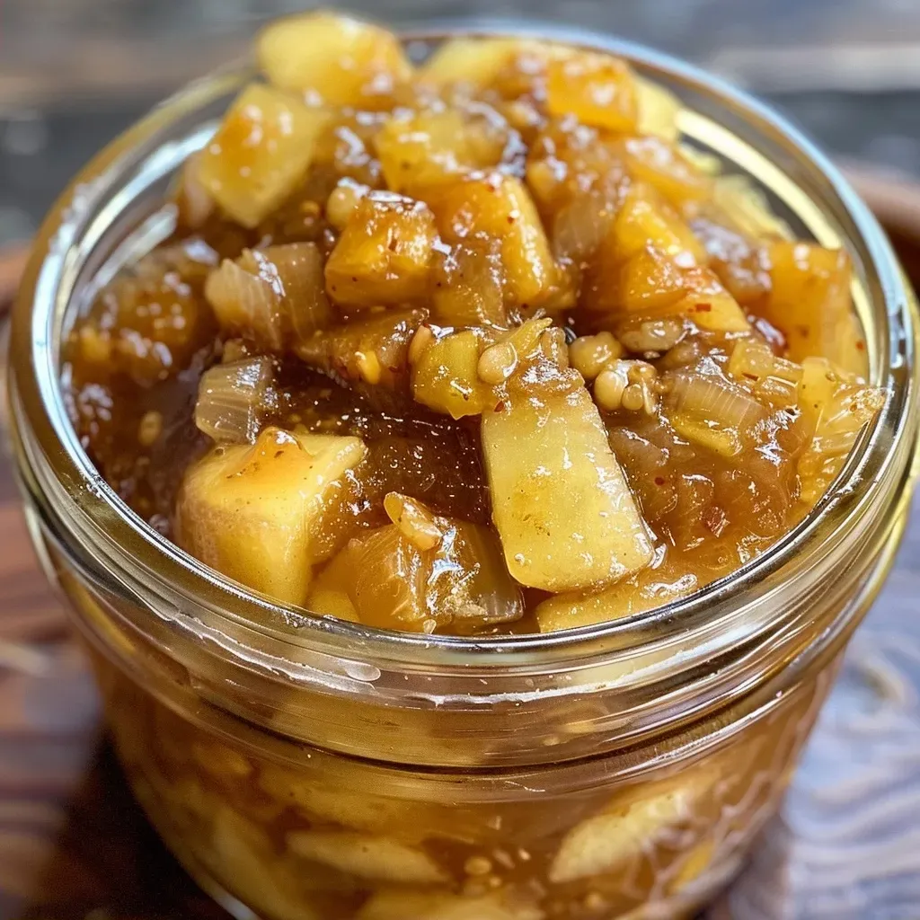 ['Close-up of a jar filled with Apfel-Walnuss Chutney showcasing fresh apples and walnuts.', 'Side view of a bowl of Apfel-Walnuss Chutney with visible apple chunks and walnut pieces.', 'Juicy Apfel-Walnuss Chutney in a glass jar, with a textured surface and spices sprinkled.', 'A rich-looking Apfel-Walnuss Chutney displayed next to whole apples and walnuts.']