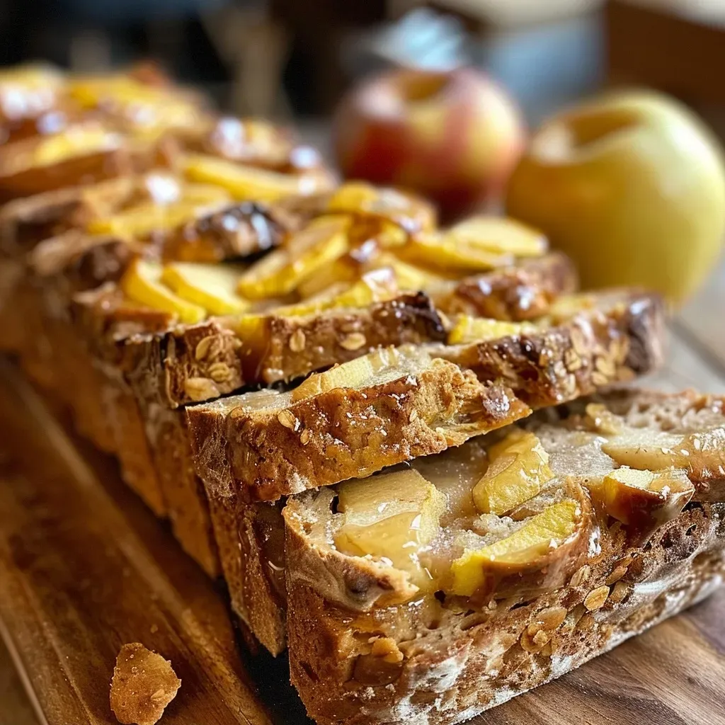 A close-up view of a sliced Apfel-Zimt-Brot showcasing moist apple and cinnamon layers.