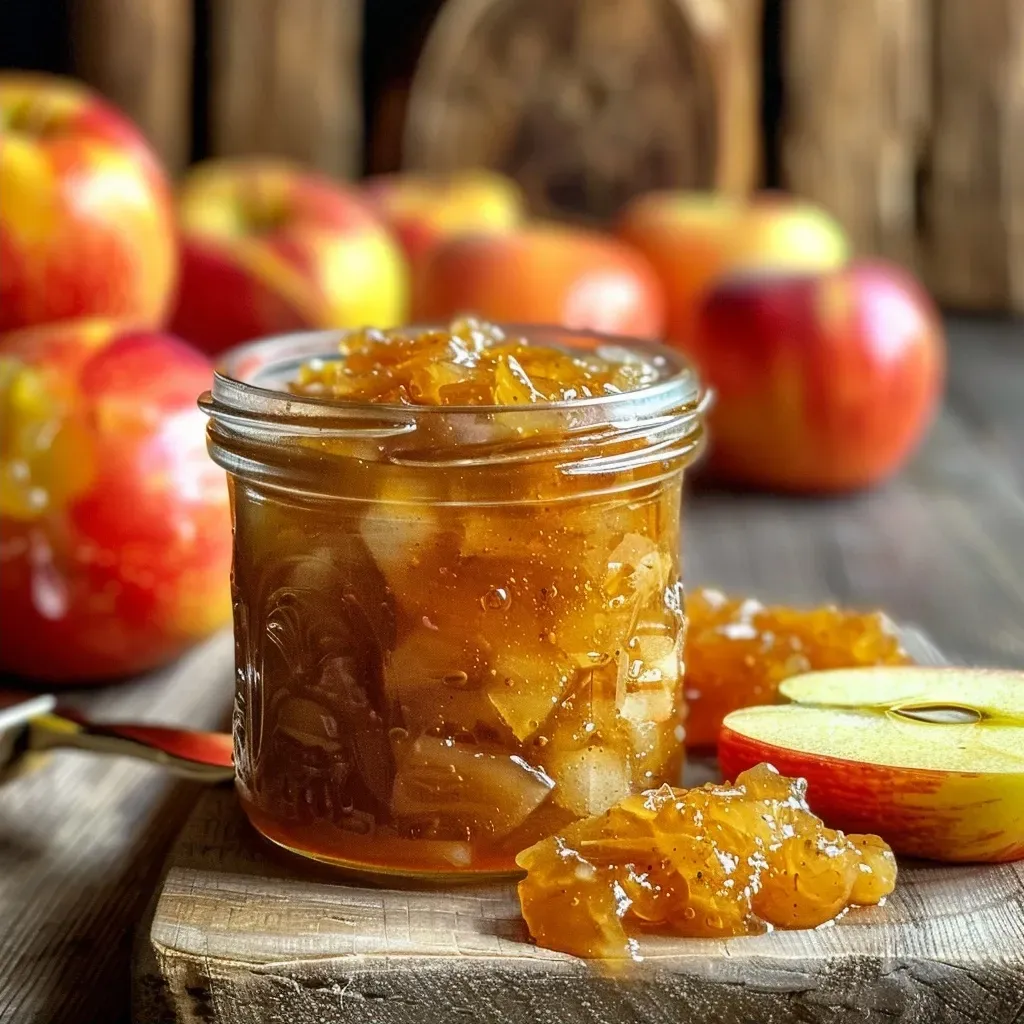 ['Close-up of smooth Apfel-Zimt Marmelade in a jar, showcasing its glossy texture.', 'Side view of Apfel-Zimt Marmelade, highlighting its vibrant apple color and cinnamon hints.', 'Delicious Apfel-Zimt Marmelade in a glass jar, with a focus on its creamy consistency.', 'Smooth and glossy Apfel-Zimt Marmelade displayed in a jar, emphasizing its appetizing appearance.']