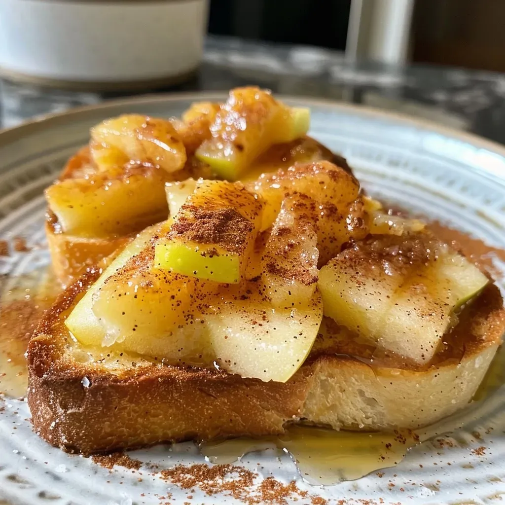['Close-up of a slice of apple cinnamon toast with a golden-brown crust and apple slices on top.', 'Side view of delicious apple cinnamon toast showcasing the melted butter and sprinkled cinnamon.', 'Thick slice of toast topped with Fuji apple slices, sugar, and cinnamon, presented on a rustic plate.', 'Juicy apple cinnamon toast featuring a buttery surface and colorful apple decorations.']