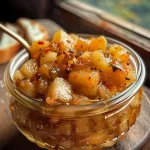 ['Close-up view of a jar of Apfel-Zwiebel-Chutney, showcasing its chunky texture and rich colors.', 'Side view of delicious Apfel-Zwiebel-Chutney in a glass jar, highlighting its fruit and onion components.', 'A vibrant jar of Apfel-Zwiebel-Chutney filled with apple and onion pieces, resting on a wooden surface.', 'Detailed close-up of homemade Apfel-Zwiebel-Chutney, featuring visible spices and ingredients inside the jar.']