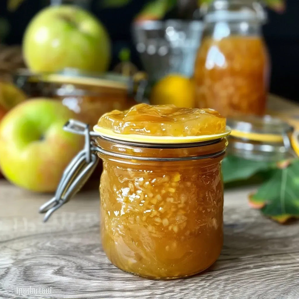 ['Close-up view of a jar of Apfelmarmelade with apples in the background.', 'Side view of a glass jar filled with shiny apple jam, with fresh apples nearby.', 'Delicious homemade apple jam in a jar, captured from the side with a smooth texture.', 'A rich, golden-brown Apfelmarmelade in a clear jar, showcasing its glossy surface.']