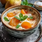 ['A bowl of chilled apricot-pear soup garnished with fresh mint.', 'Close-up of a creamy soup made with apricots and pears, served in a rustic bowl.', 'A side view of chilled apricot-pear soup, highlighting its smooth texture and garnish.', 'A refreshing soup featuring apricots and pears, served cold in an elegant bowl.']
