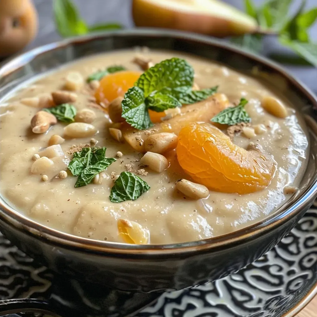 ['A bowl of chilled apricot-pear soup garnished with fresh mint.', 'Close-up of a creamy soup made with apricots and pears, served in a rustic bowl.', 'A side view of chilled apricot-pear soup, highlighting its smooth texture and garnish.', 'A refreshing soup featuring apricots and pears, served cold in an elegant bowl.']