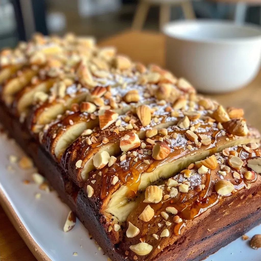 ['Close-up of a slice of Bananenbrot topped with hazelnuts and salt caramel.', 'Side view of a moist Bananenbrot with a glossy caramel drizzle and hazelnuts.', 'Delicious Bananenbrot showcasing its nutty texture and salted caramel topping.', 'A rich slice of Bananenbrot with hazelnuts and a sprinkle of flaky sea salt.']