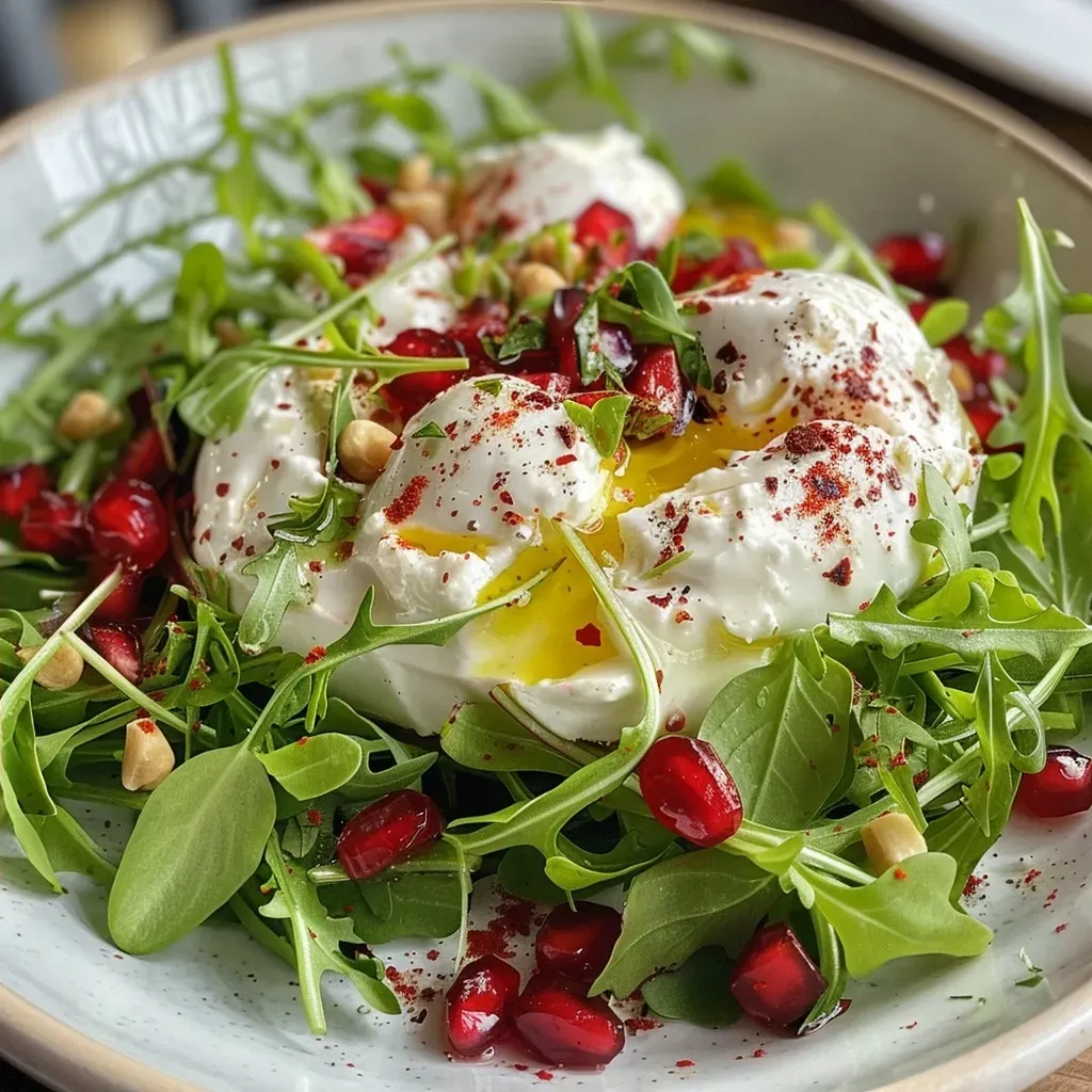 A close-up view of a Birnen-Burrata salad featuring vibrant green field salad, slices of ripe pears, creamy burrata cheese, and caramelized walnuts.