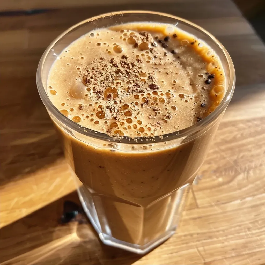 ['A close-up side view of a vibrant Birnen Chai Smoothie in a clear glass, topped with chia seeds.', 'A refreshing Birnen Chai Smoothie with a creamy texture, served in a glass with a sprinkle of cinnamon.', 'A detailed side view of a Birnen Chai Smoothie with visible pear chunks and a rich, inviting color.', 'A luscious smoothie in a glass, showcasing the ingredients like pear and spices, in a cozy setting.']