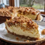 ['Side view of a Birnen-Cheesecake topped with crunchy streusels.', 'Close-up of a delicious Birnen-Cheesecake with a golden streusel topping.', 'Slice of Birnen-Cheesecake showcasing layers and crunchy topping.', 'Juicy Birnen-Cheesecake with streusels, presented in a baking dish.']