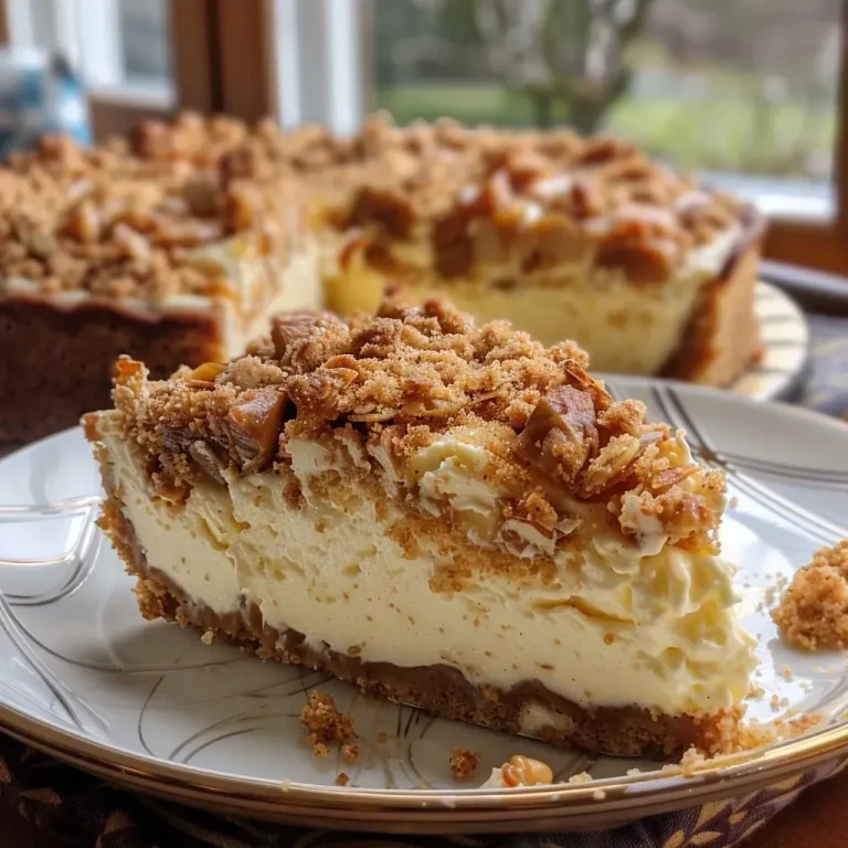 ['Side view of a Birnen-Cheesecake topped with crunchy streusels.', 'Close-up of a delicious Birnen-Cheesecake with a golden streusel topping.', 'Slice of Birnen-Cheesecake showcasing layers and crunchy topping.', 'Juicy Birnen-Cheesecake with streusels, presented in a baking dish.']
