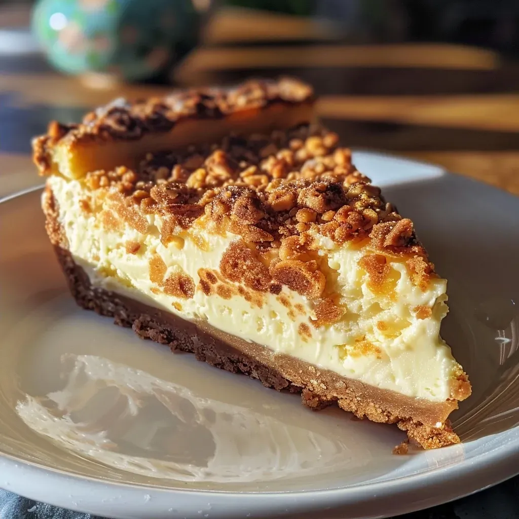 ['Side view of a Birnen-Cheesecake topped with crunchy streusels.', 'Close-up of a delicious Birnen-Cheesecake with a golden streusel topping.', 'Slice of Birnen-Cheesecake showcasing layers and crunchy topping.', 'Juicy Birnen-Cheesecake with streusels, presented in a baking dish.']