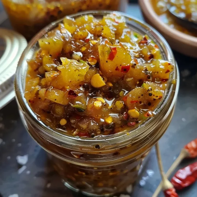 ['Close-up view of a rich Birnen Chutney with ginger, showcasing chunks of pear and a glossy texture.', 'Side angle of Birnen Chutney featuring diced pears and ginger, highlighting its vibrant color and consistency.', 'Detailed image of Birnen Chutney with ginger, emphasizing the mixture of diced ingredients in a jar.', 'Close-up of homemade Birnen Chutney with visible pear pieces and spices, captured in natural light.']