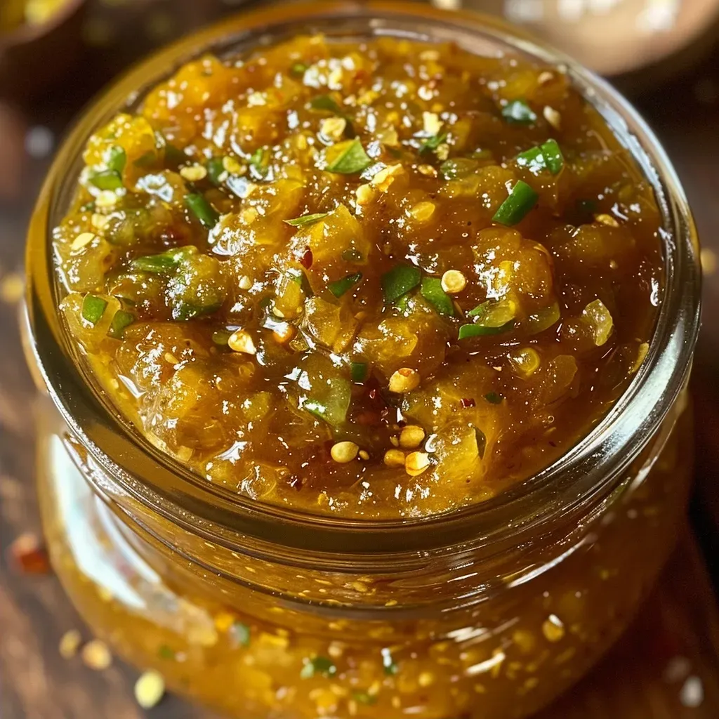 ['Close-up view of a rich Birnen Chutney with ginger, showcasing chunks of pear and a glossy texture.', 'Side angle of Birnen Chutney featuring diced pears and ginger, highlighting its vibrant color and consistency.', 'Detailed image of Birnen Chutney with ginger, emphasizing the mixture of diced ingredients in a jar.', 'Close-up of homemade Birnen Chutney with visible pear pieces and spices, captured in natural light.']