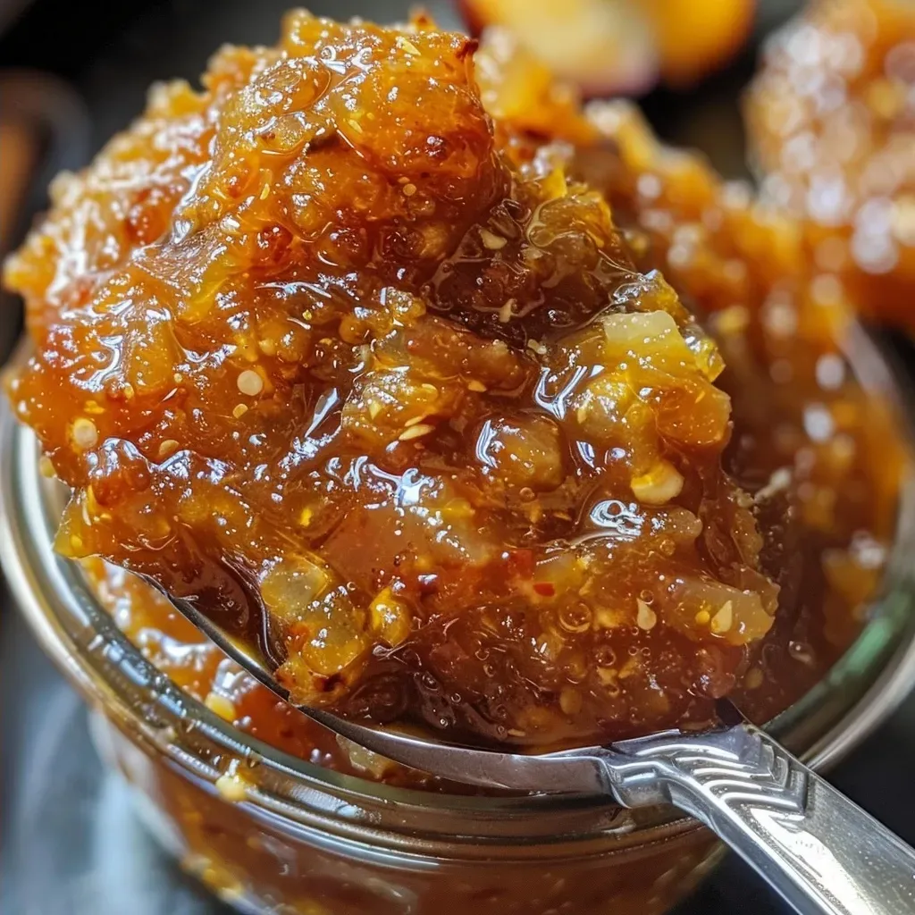 ['Close-up view of a jar of Birnen Chutney with visible chunks of pears and spices.', 'A side view of a jar filled with rich, dark-colored Birnen Chutney displaying pear pieces.', 'Detailed image of Birnen Chutney with a glistening texture, showcasing ingredients like chili and cinnamon.', 'Side perspective of homemade Birnen Chutney, highlighting spices and fruit in a glass jar.']
