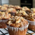 ['Close-up view of a juicy, healthy pear muffin, showcasing its moist texture.', 'Side view of a freshly baked Birnen-Muffin, highlighting its golden-brown crust and soft interior.', 'Detailed image of a pear muffin on a rustic wooden surface, emphasizing its wholesome ingredients.', 'Close-up of a delicious muffin made with pear, featuring visible oats and a sprinkle of cinnamon.']
