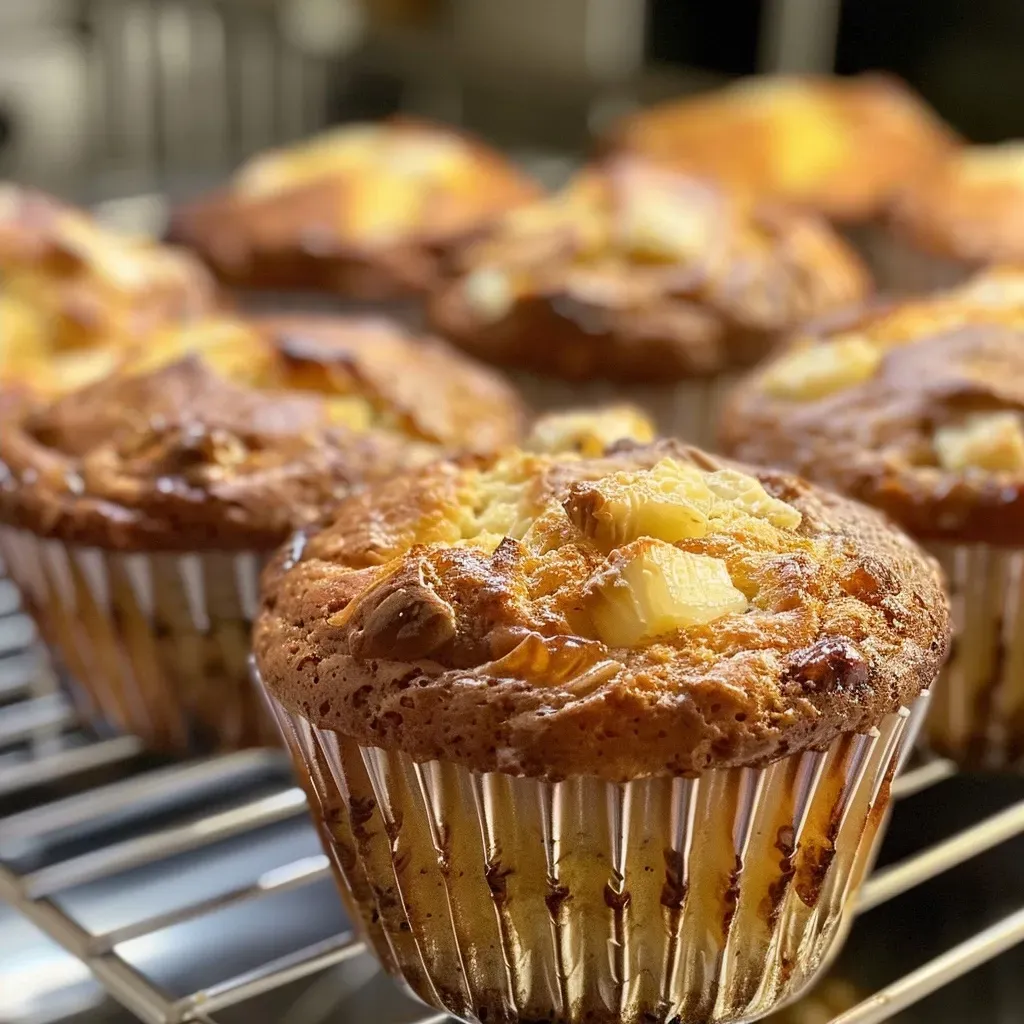 ['Close-up view of Birnen Muffins topped with a golden crust and pear pieces.', 'Side angle of freshly baked moist Birnen Muffins with visible pear chunks.', 'Juicy Birnen Muffins displayed, showcasing a light brown exterior and inner texture.', 'Detailed side photo of Birnen Muffins with a soft, inviting appearance and fruit pieces.']