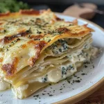 ['A close-up view of baked pear and Roquefort lasagna with sage leaves.', 'Side angle shot of golden lasagna layered with pears and cheese, topped with sage.', 'Juicy lasagna featuring pear slices and Roquefort, garnished with crispy sage.', 'Detailed look at a cheesy lasagna dish filled with pears and herbs.']