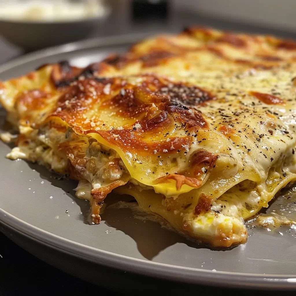 ['A close-up view of baked pear and Roquefort lasagna with sage leaves.', 'Side angle shot of golden lasagna layered with pears and cheese, topped with sage.', 'Juicy lasagna featuring pear slices and Roquefort, garnished with crispy sage.', 'Detailed look at a cheesy lasagna dish filled with pears and herbs.']