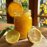 ['Close-up of a jar filled with pear jam infused with ginger and cinnamon.', 'Side view of Birnenmarmelade with visible ginger pieces and cinnamon sticks.', 'Detailed shot showcasing the smooth texture of pear ginger jam in a glass jar.', 'Glazed jar of jam with a vibrant hue, highlighting its fresh pear ingredients.']
