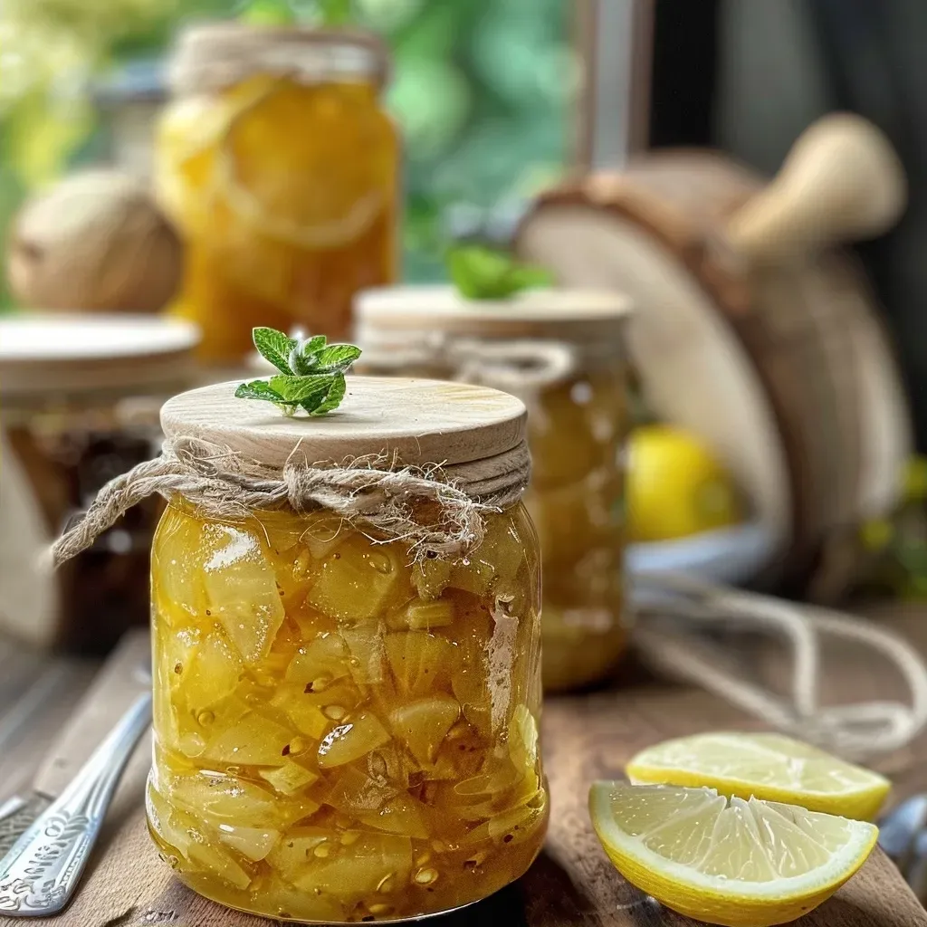 ['Close-up of a jar filled with pear jam infused with ginger and cinnamon.', 'Side view of Birnenmarmelade with visible ginger pieces and cinnamon sticks.', 'Detailed shot showcasing the smooth texture of pear ginger jam in a glass jar.', 'Glazed jar of jam with a vibrant hue, highlighting its fresh pear ingredients.']