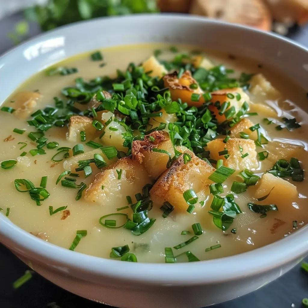 ['A bowl of creamy pear soup garnished with cinnamon and floating dough balls.', 'Close-up view of Birnensuppe with Klüten, showcasing rich texture and toppings.', 'Delicious pear soup in a bowl, featuring cinnamon dust and fluffy dumplings on top.', 'Side view of a serving of pear soup with Klüten, highlighting its inviting appearance.']