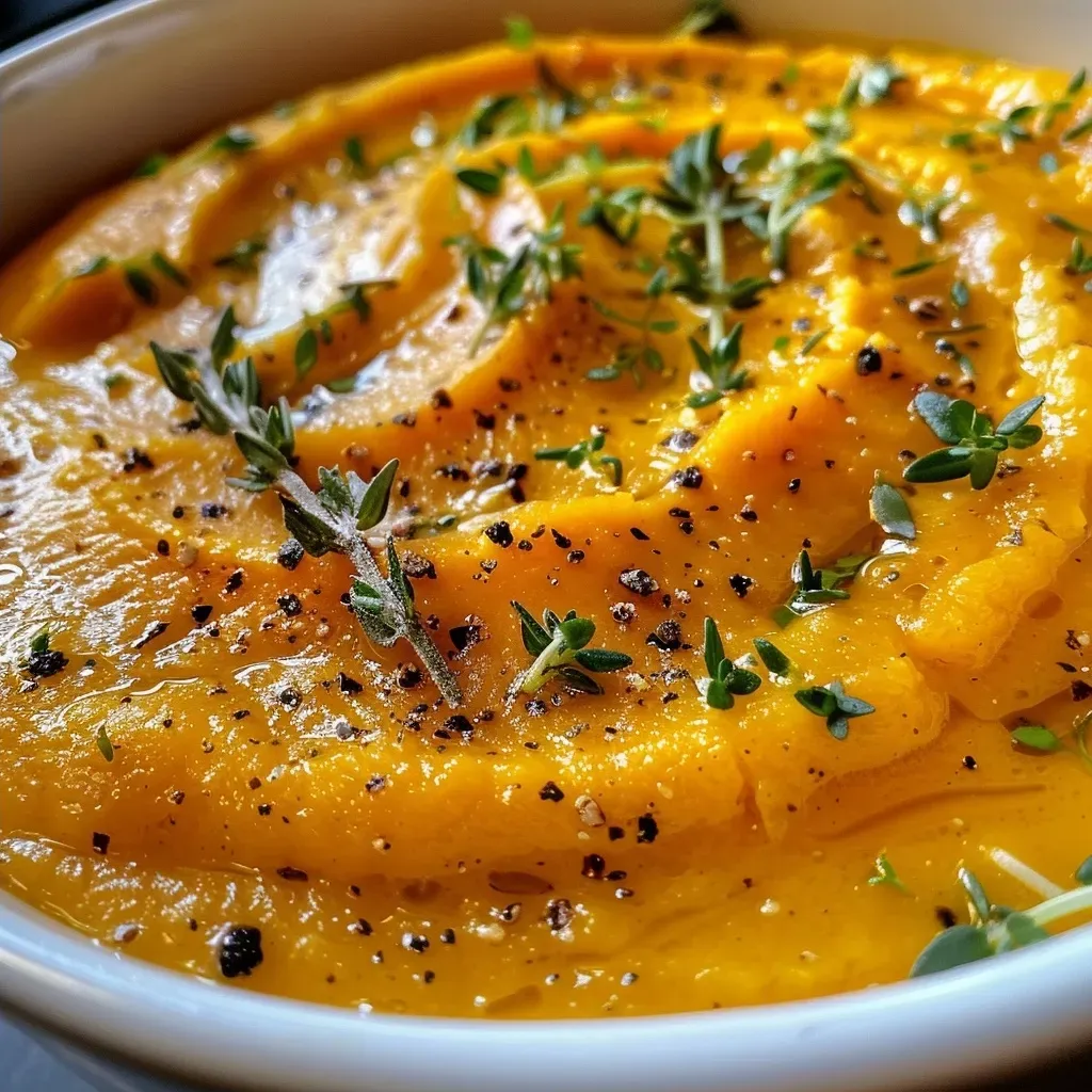 ['Creamy butternut squash puree in a bowl, side view, with a smooth texture.', 'Close-up of butternut squash puree showcasing its vibrant orange color.', 'Appetizing butternut squash puree served in a rustic bowl, garnished with fresh herbs.', 'Velvety butternut squash puree with a dollop of butter and seasoning visible.']