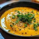 ['A creamy butternut squash soup in a bowl with a smooth texture.', 'Side view of a delicious butternut squash soup garnished with herbs.', 'A vibrant serving of butternut squash soup showcasing its rich color.', 'Close-up of butternut squash soup highlighting its creamy consistency.']